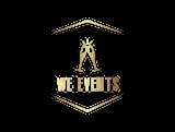 WE EVENTS logo featuring gold champagne glasses and text in a hexagonal frame on black background
