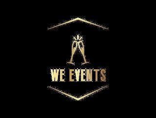 WE EVENTS logo featuring gold champagne glasses and text in a hexagonal frame on black background