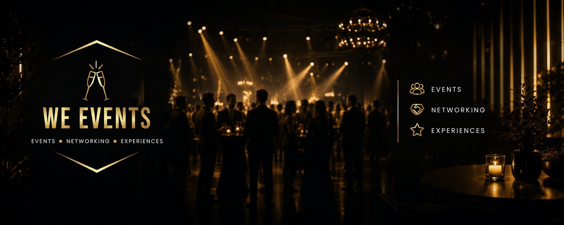 WE Events logo med silhuetter af mennesker ved elegant natbegivenhed med scenelys og tekst om events, networking og oplevelser